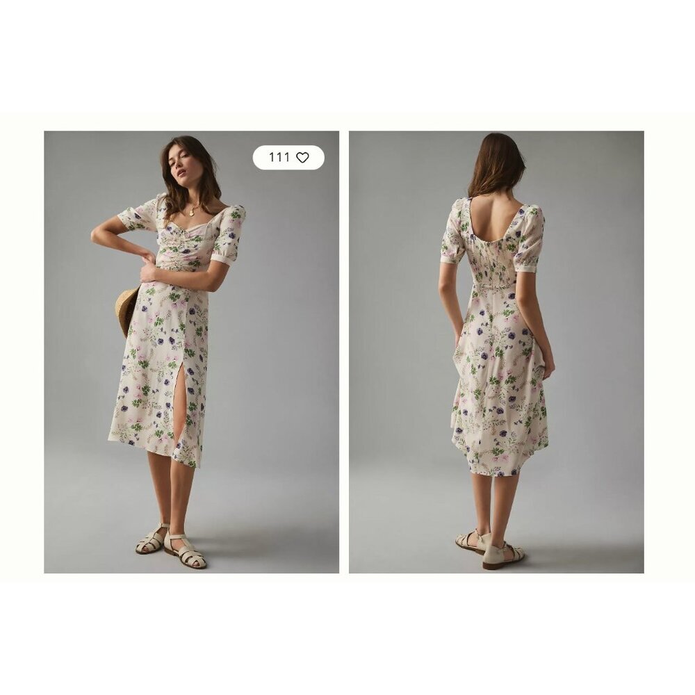 Favorite Daughter Dress Womens 14 Floral White Spring Vineyard Midi Puff Sleeve